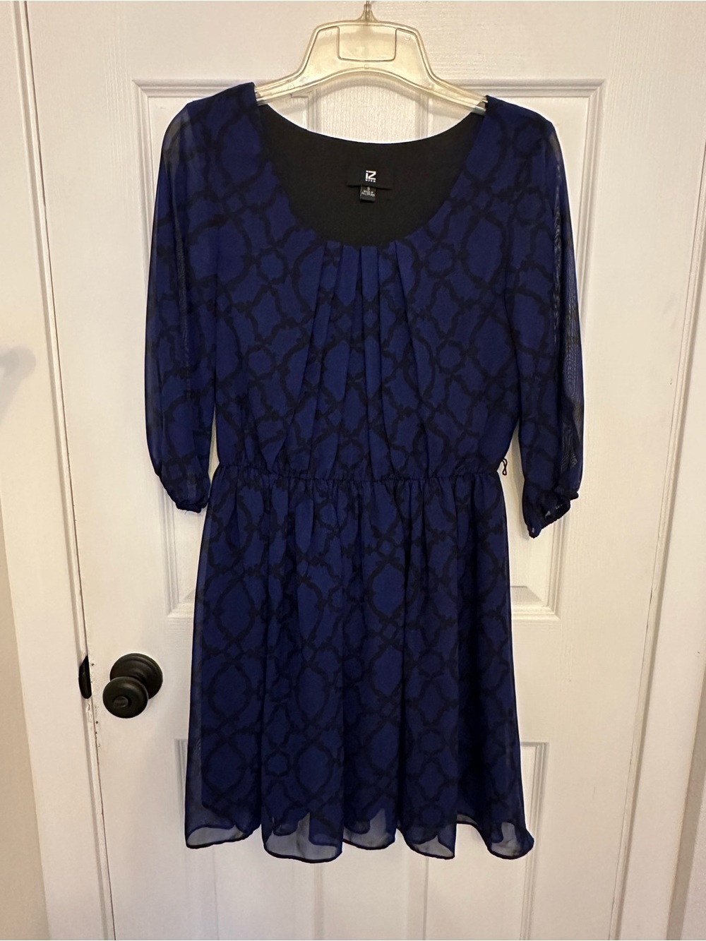 Blue Patterned Sheer Sleeve Dress